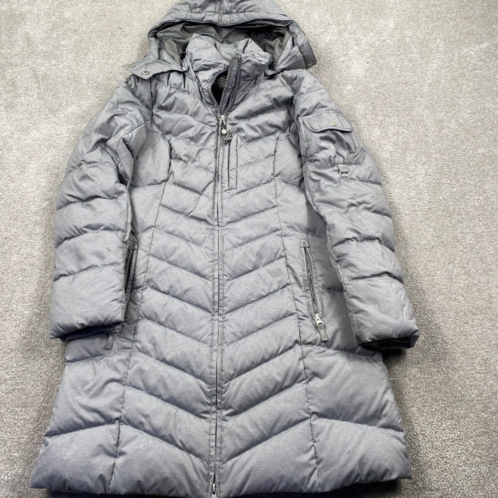 Eddie Bauer Sun Valley Down Parka Women M Gray Chevron Quilt Hooded Puffer Coat